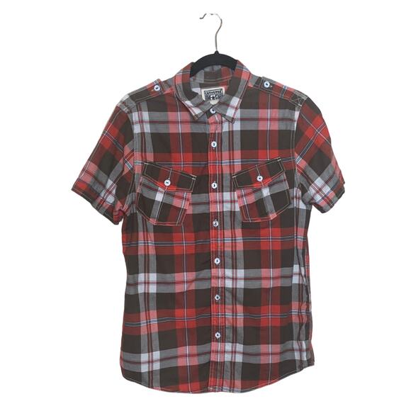 Converse men red plaid short sleeves button shirt size Small - Picture 8 of 10